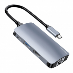 USB-C priklopna postaja Yesido HB15 6v1, RJ45, USB 3.0, SD, TF, USB-C PD 80W, siv